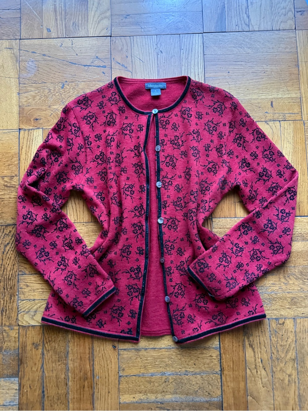 Vintage 90s Red Floral 100% Wool Cardigan